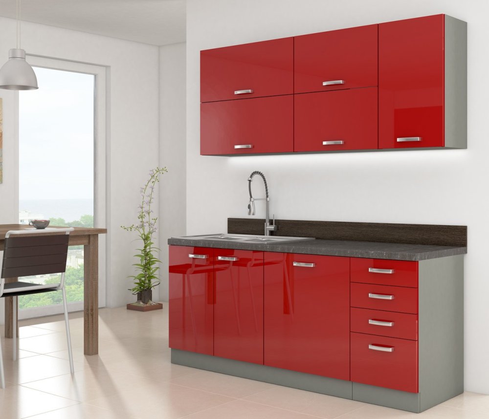 Veneti Kuchyňa do paneláku 180/180 cm RUOLAN 3 - šedá / lesklá červená + drez ZDARMA